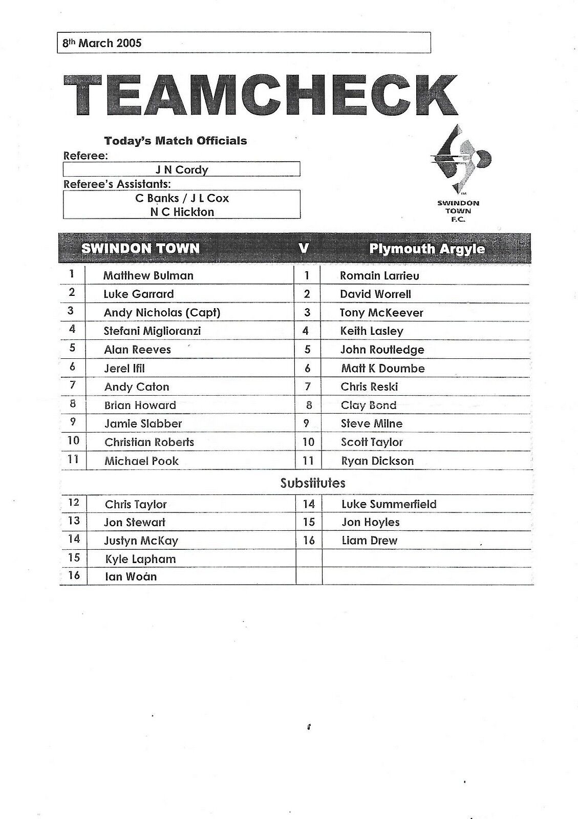 Football Programme>SWINDON TOWN RESERVES v PLYMOUTH ARGYLE RESERVES Mar 2005 for sale on Ebay