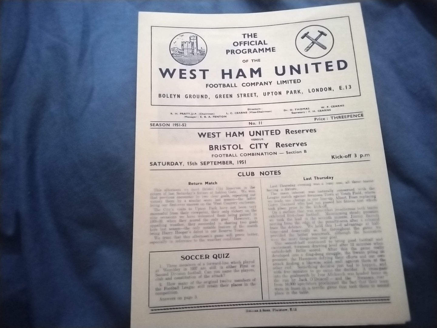 WEST HAM  RESERVES  v BRISTOL CITY  -  15/9/51 =   GEORGE PETCHEY  = freepo for sale on Ebay
