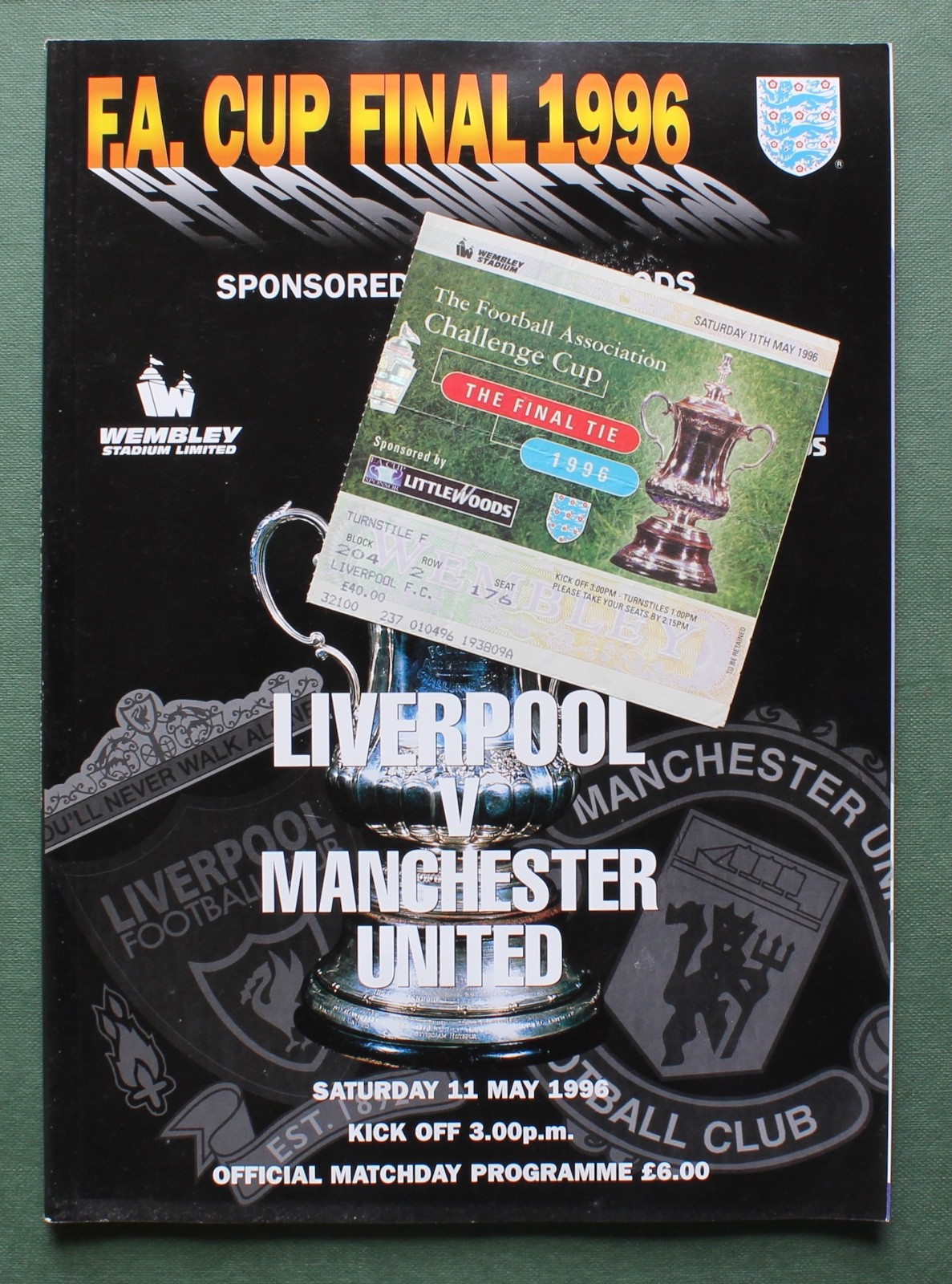 1996 F.A. CUP FINAL, LIVERPOOL V MAN. UTD. WEMBLEY FOOTBALL PROGRAMME & TICKET. for sale on Ebay