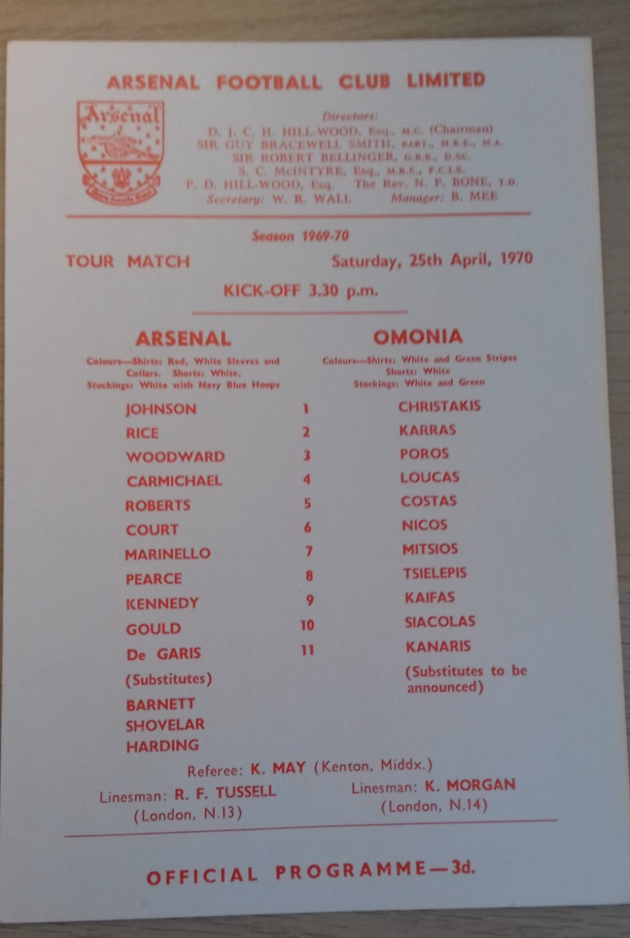 Arsenal v Omnia F.C. Tour Match Saturday 25th April 1970 Single Sheet for sale on Ebay