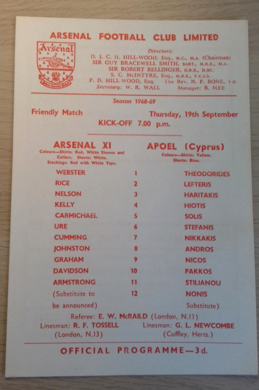 Arsenal v APOEL (Cyprus) Friendly Single Sheet Issue Thurs. 19th September 1968. for sale on Ebay