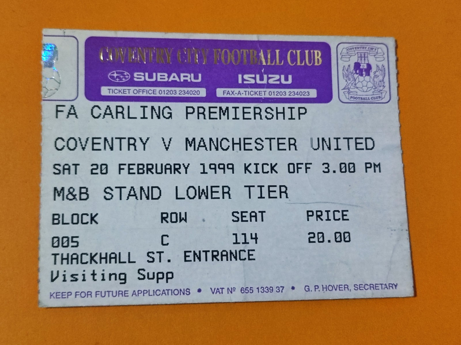 Coventry City vs Manchester United Ticket 1999 Premiership Treble Season for sale on Ebay