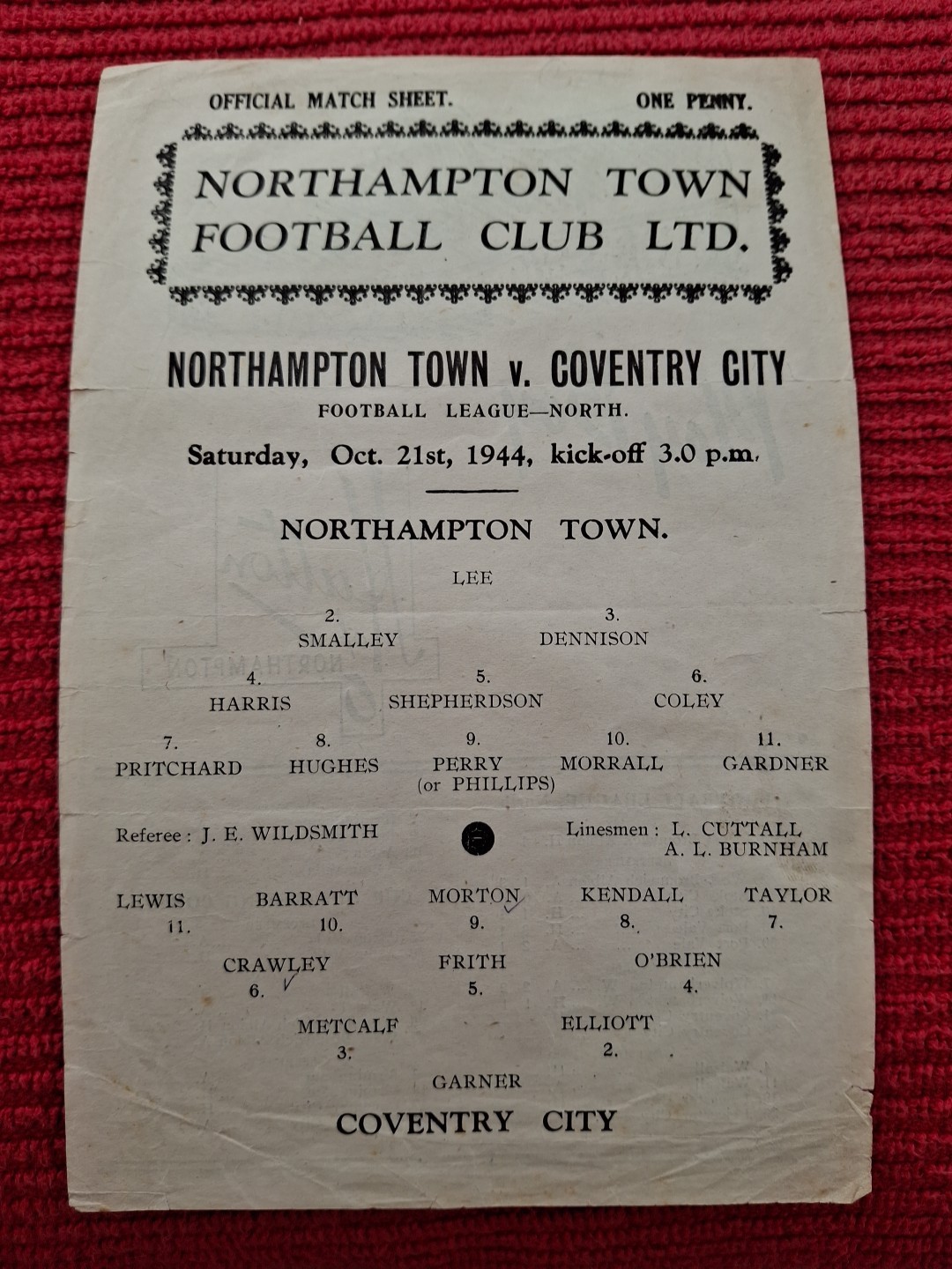 Northampton Town v Coventry City programme.  21/10/1944 for sale on Ebay