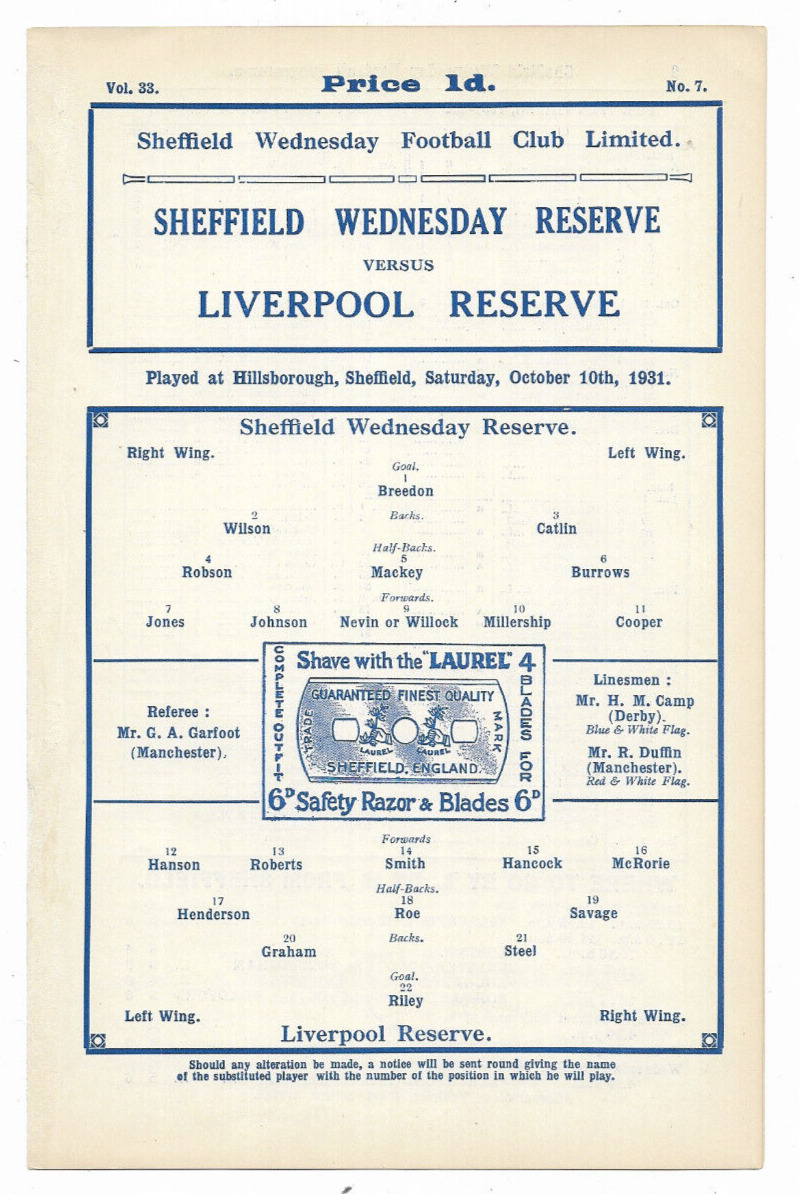 1931/32 Central League (Reserves) - SHEFFIELD WEDNESDAY v. LIVERPOOL for sale on Ebay