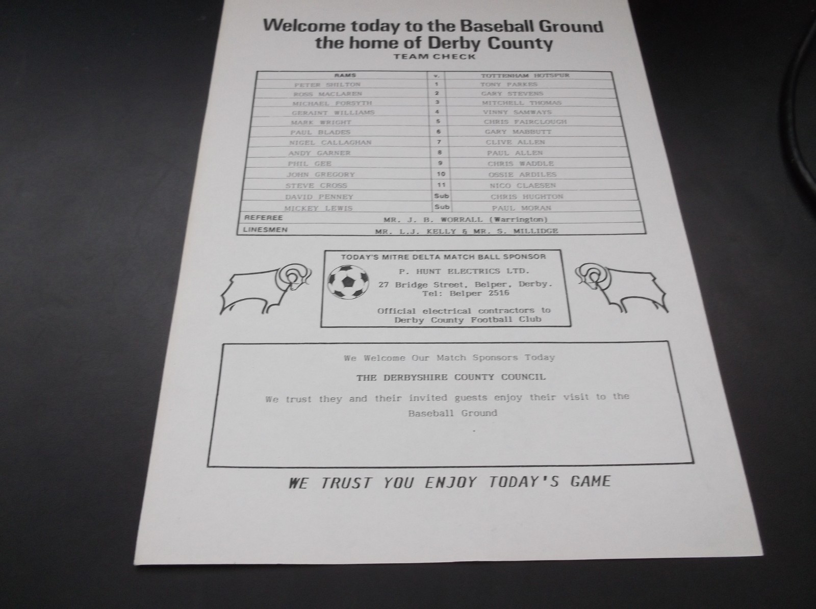 DERBY COUNTY V TOTTENHAM RARE ORIGINAL TEAM SHEET 20 DECEMBER 1987 for sale on Ebay