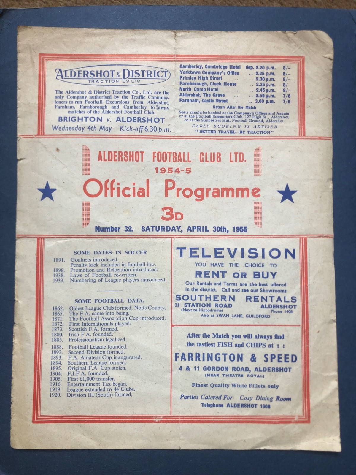 Aldershot vs Brighton & Hove Albion 30 Apr 1955 Division 3 South programme for sale on Ebay