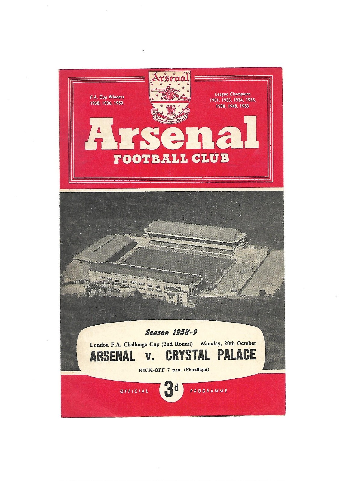 1958/9 Arsenal Reserves v Crystal Palace 20/10/58 London FA Challenge Cup 2r for sale on Ebay