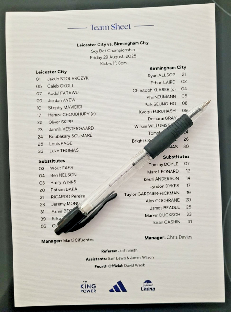 29.8.2025 LEICESTER CITY v BIRMINGHAM CITY, King Power, original TEAMSHEET! for sale on Ebay