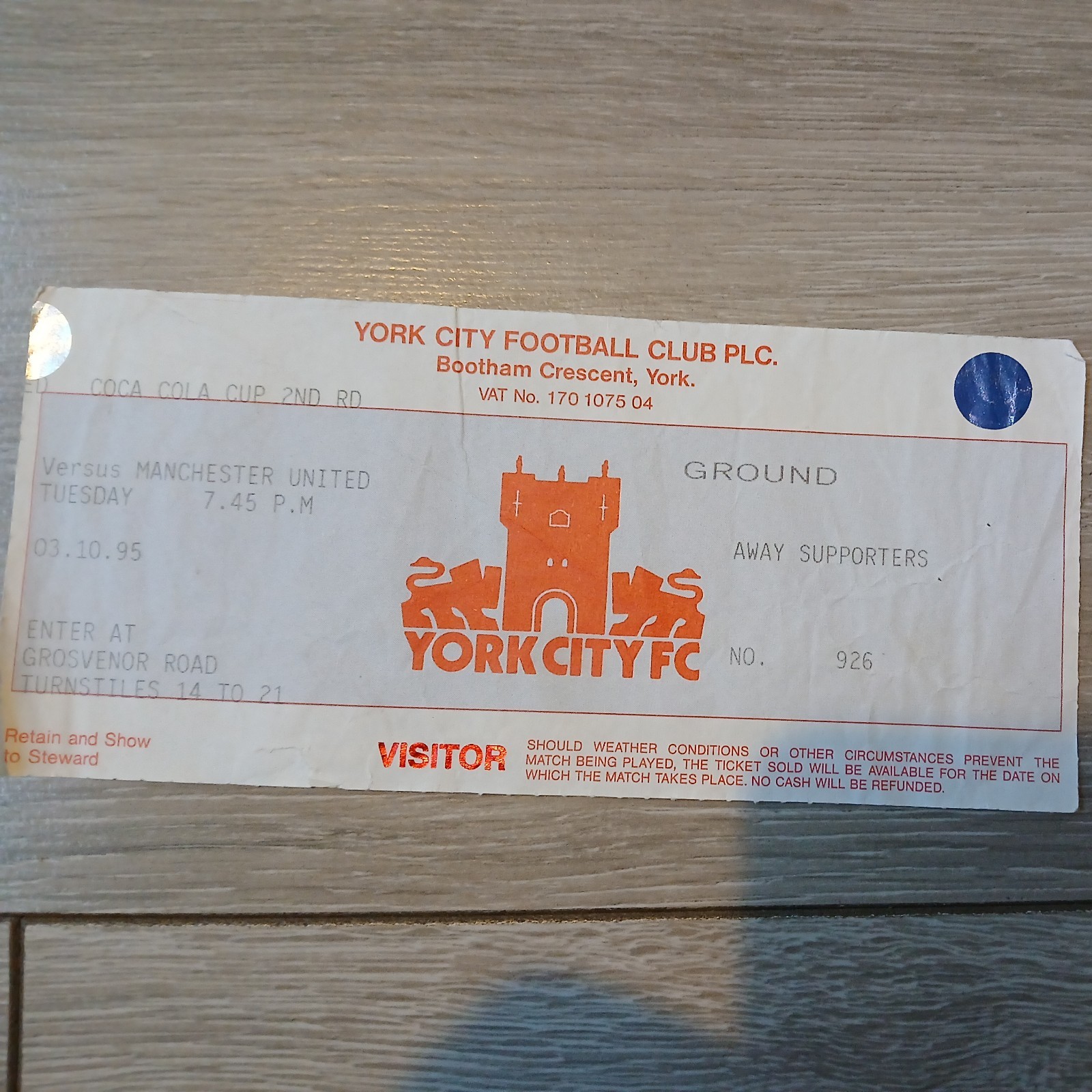 TICKET 1995/96 York City v Manchester United League Cup 2nd Round 2nd Leg for sale on Ebay