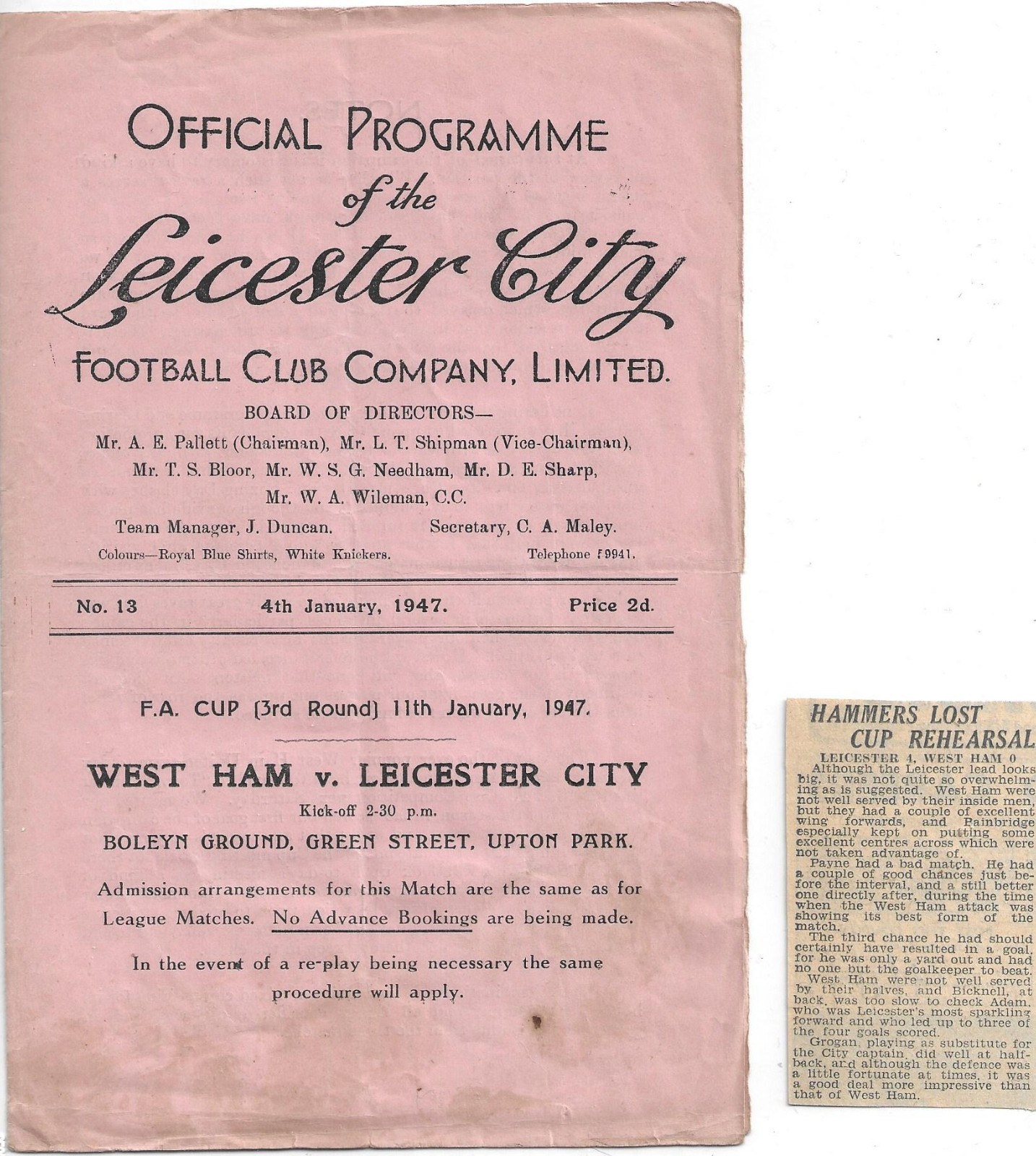 Leicester City v West Ham United 1946/47 Football League for sale on Ebay