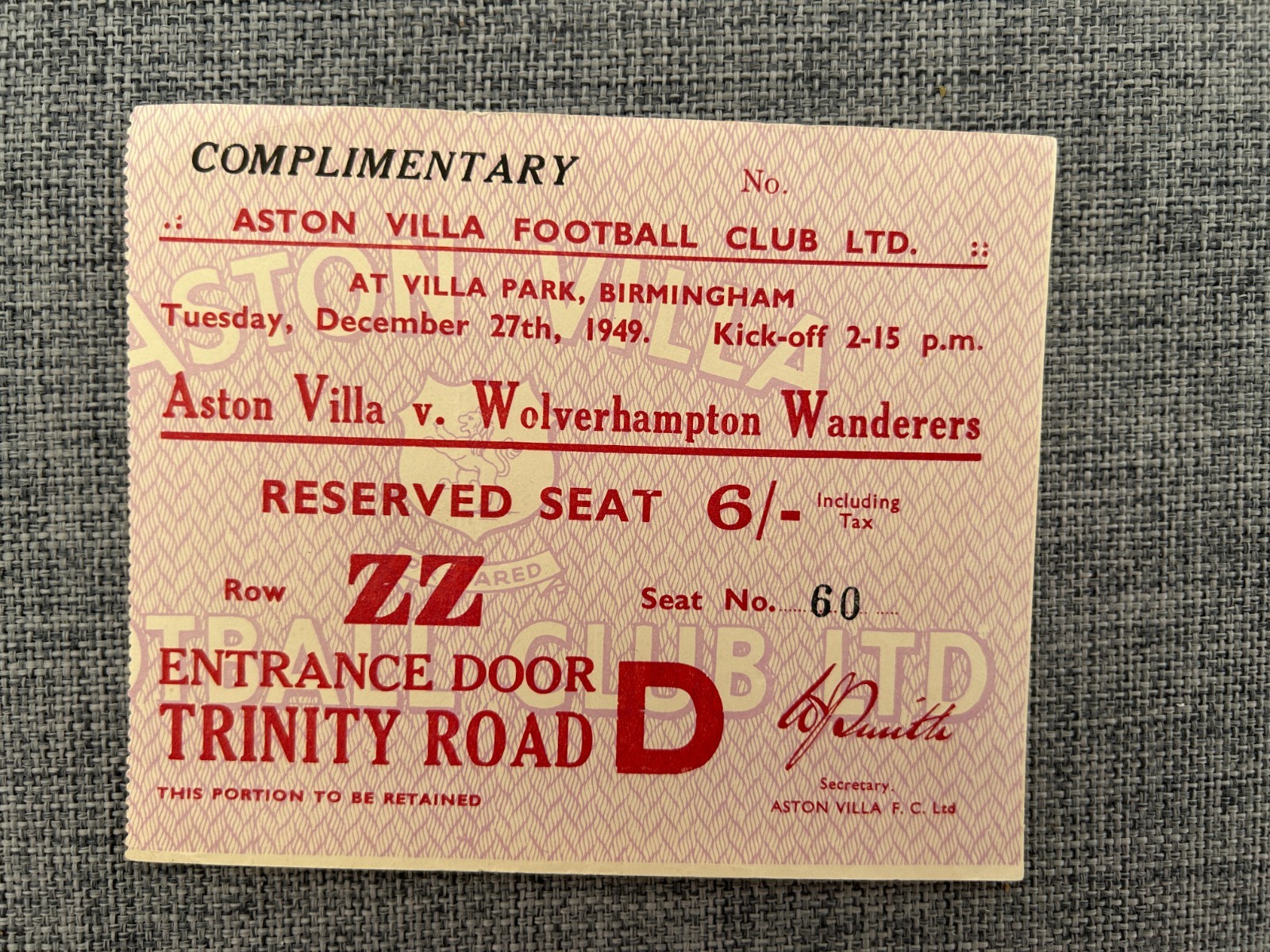 ASTON VILLA V WOLVERHAMPTON WANDERERS DIVISION ONE 1949 TICKET WOLVES for sale on Ebay