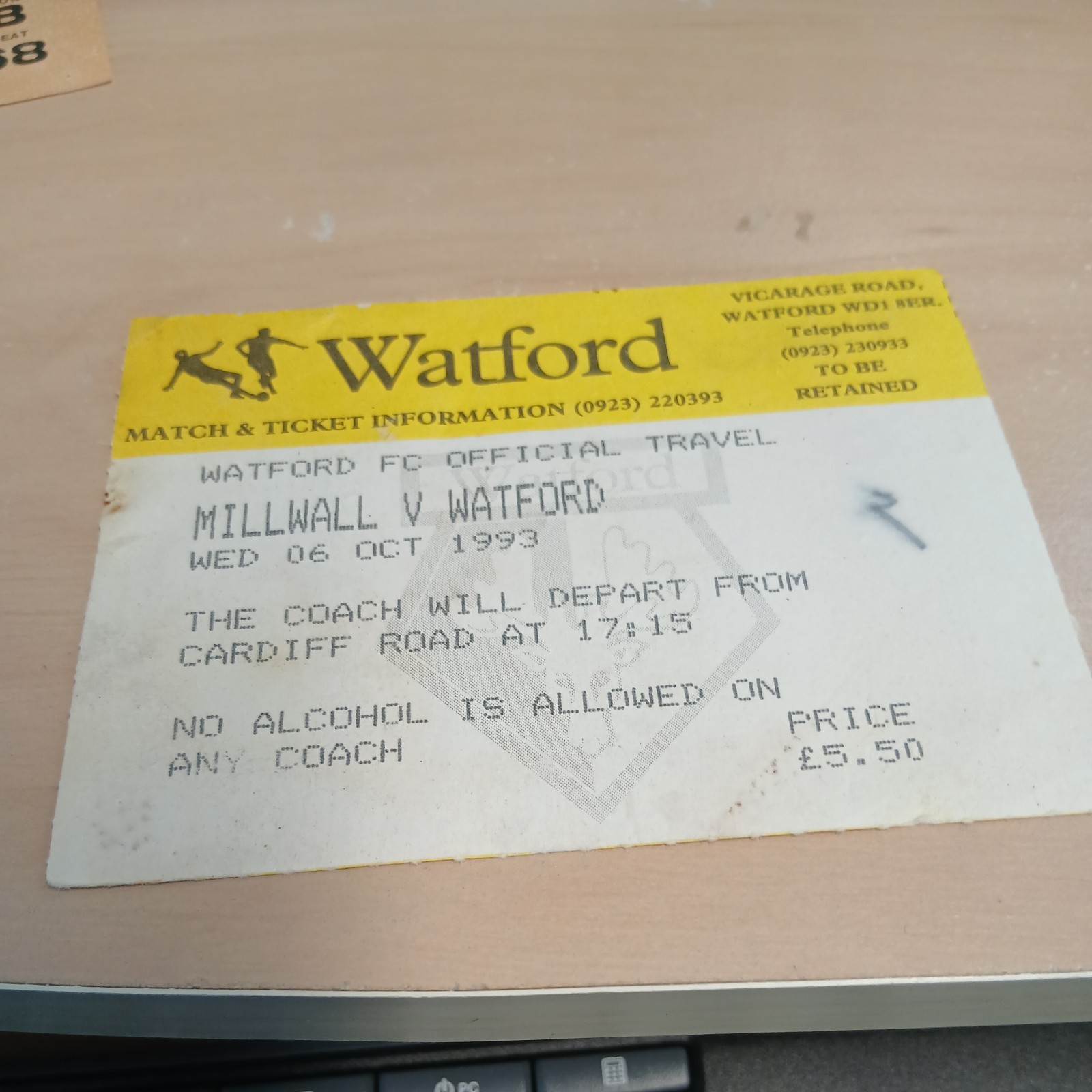 MILLWALL  v  WATFORD   1993  coach  TICKET for sale on Ebay