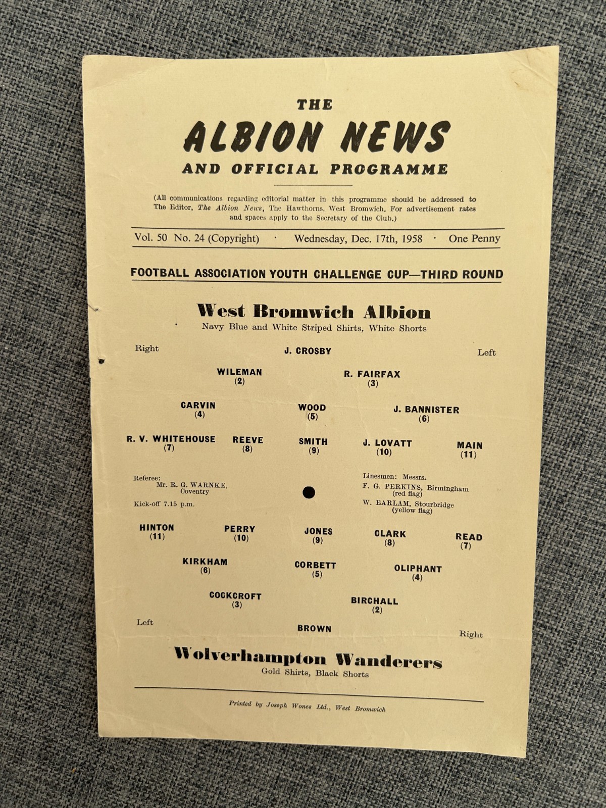 WEST BROMWICH ALBION YOUTH V WOLVERHAMPTON WANDERERS YOUTH 1958 FA YOUTH CUP for sale on Ebay