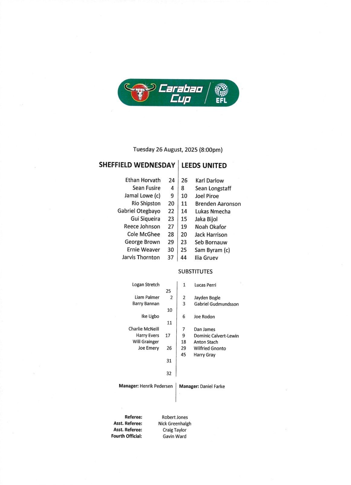 SHEFFIELD WEDNESDAY V LEEDS UNITED 26TH AUG 2025 TEAM SHEET for sale on Ebay