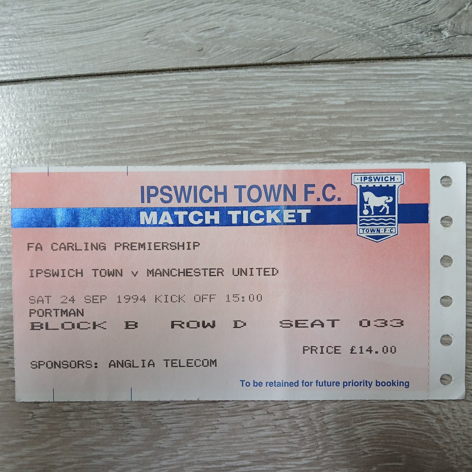 Ticket - 1994/95 IPSWICH TOWN v MANCHESTER UNITED **PAUL SCHOLES DEBUT** for sale on Ebay
