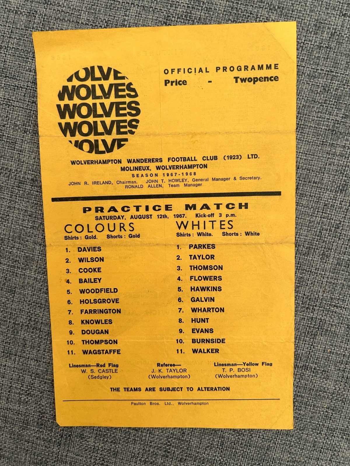 WOLVERHAMPTON WANDERERS WOLVES COLOURS V WHITES 1967 for sale on Ebay
