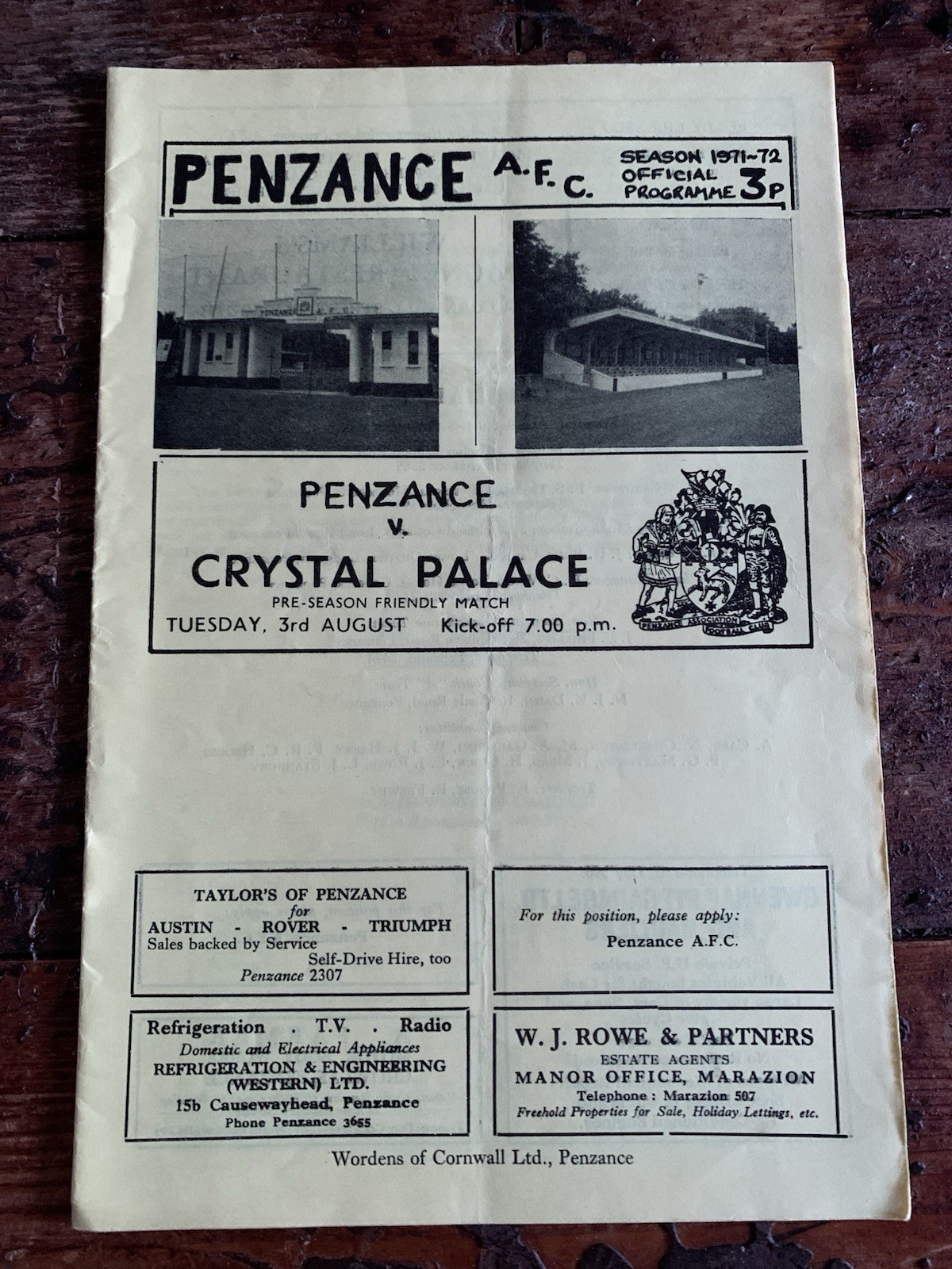 Penzance V Crystal Palace Pre Season Friendly 3rd August 1971 Football Programme for sale on Ebay