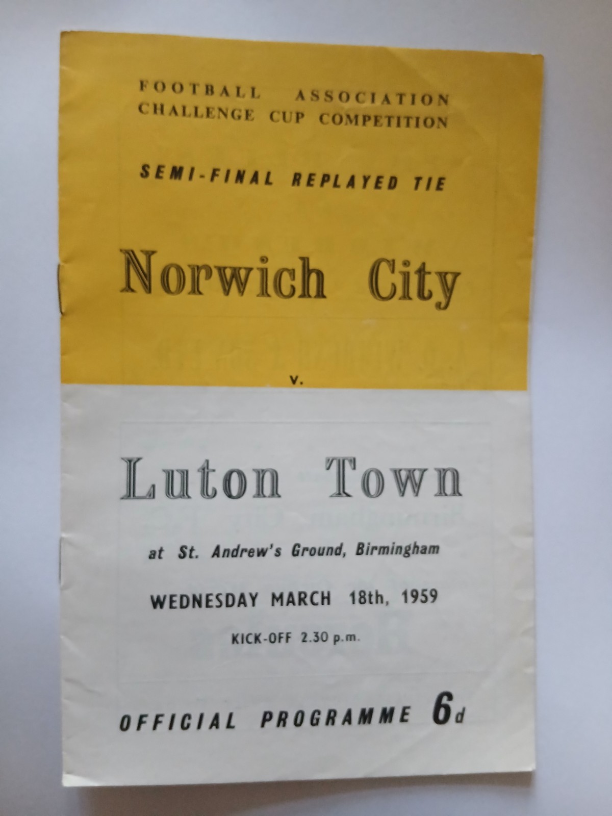 NORWICH CITY v LUTON TOWN FA cup semi final replay @ Birmingham City 18 Mar 1959 for sale on Ebay