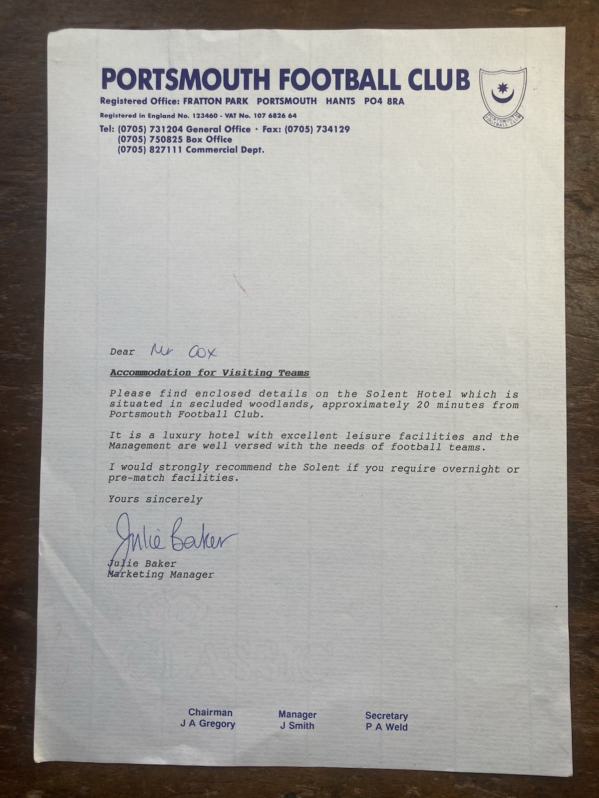 Vintage Portsmouth Letter To Derby County Arthur Cox re Overnight Accomodation. for sale on Ebay