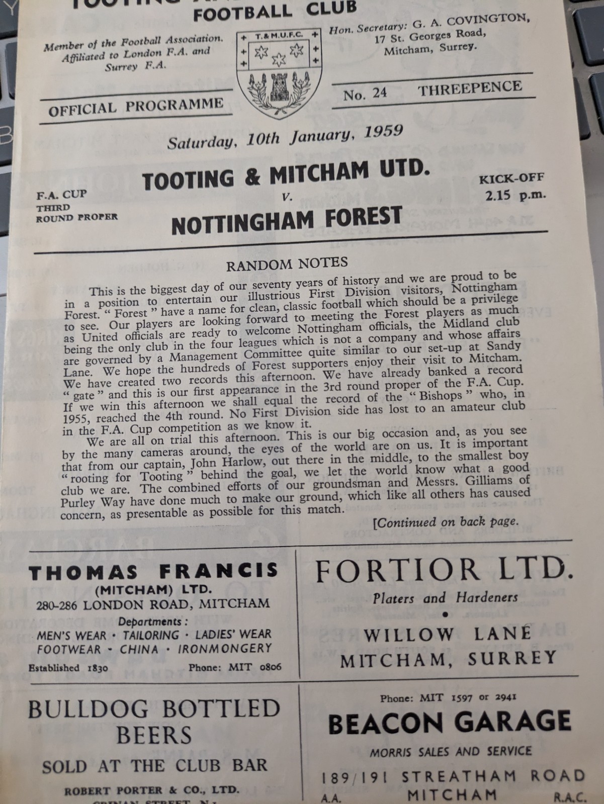 Tooting & Mitcham v Nottingham Forest FA Cup programme 10 January 1959 for sale on Ebay