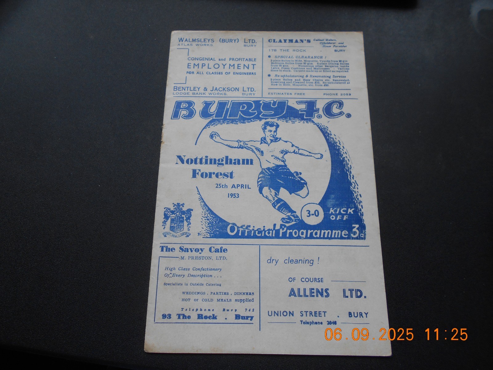 BURY v NOTTINGHAM FOREST  25/4/1953 for sale on Ebay