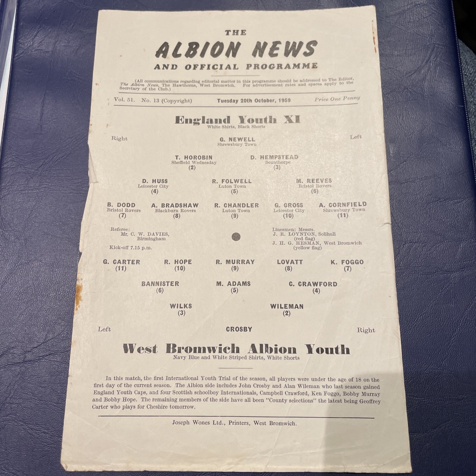 West Bromwich Albion V England Youth X1 20/10/1959 Single Sheet for sale on Ebay