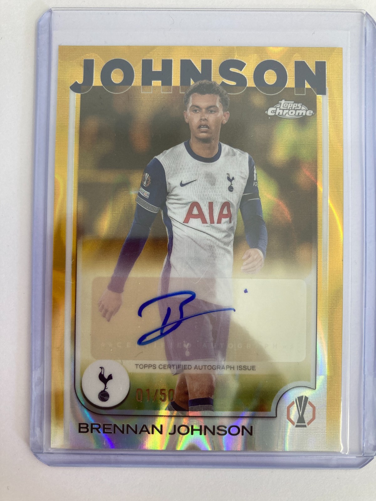 TOPPS CHROME 2025 BRENNAN JOHNSON TOTTENHAM HOTSPUR GOLD LAVA AUTO 001/050. for sale on Ebay