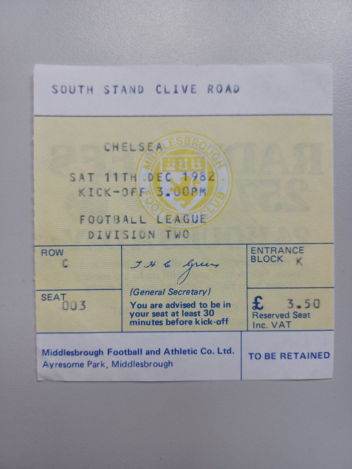 MIDDLESBROUGH v CHELSEA Div2 11/12/1982 Match Ticket for sale on Ebay