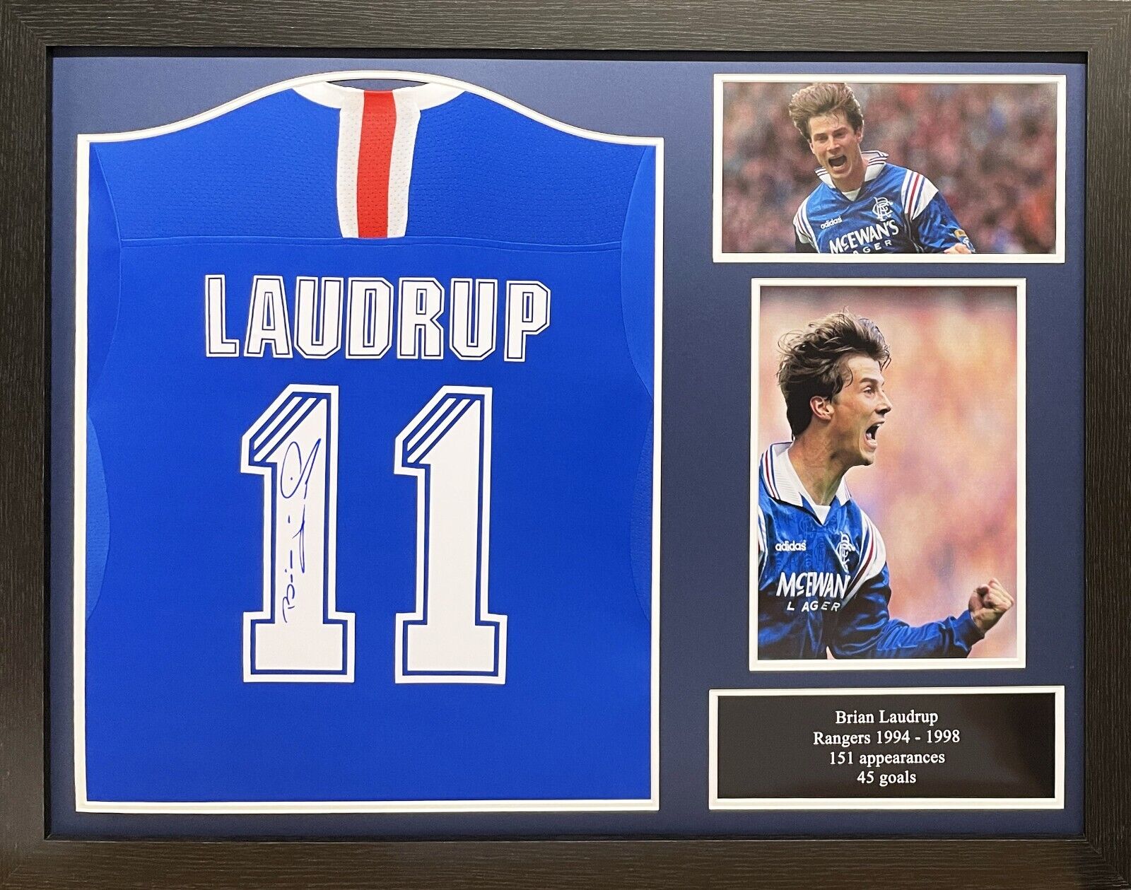 FRAMED BRIAN LAUDRUP SIGNED GLASGOW RANGERS FOOTBALL SHIRT WITH PROOF & COA for sale on Ebay