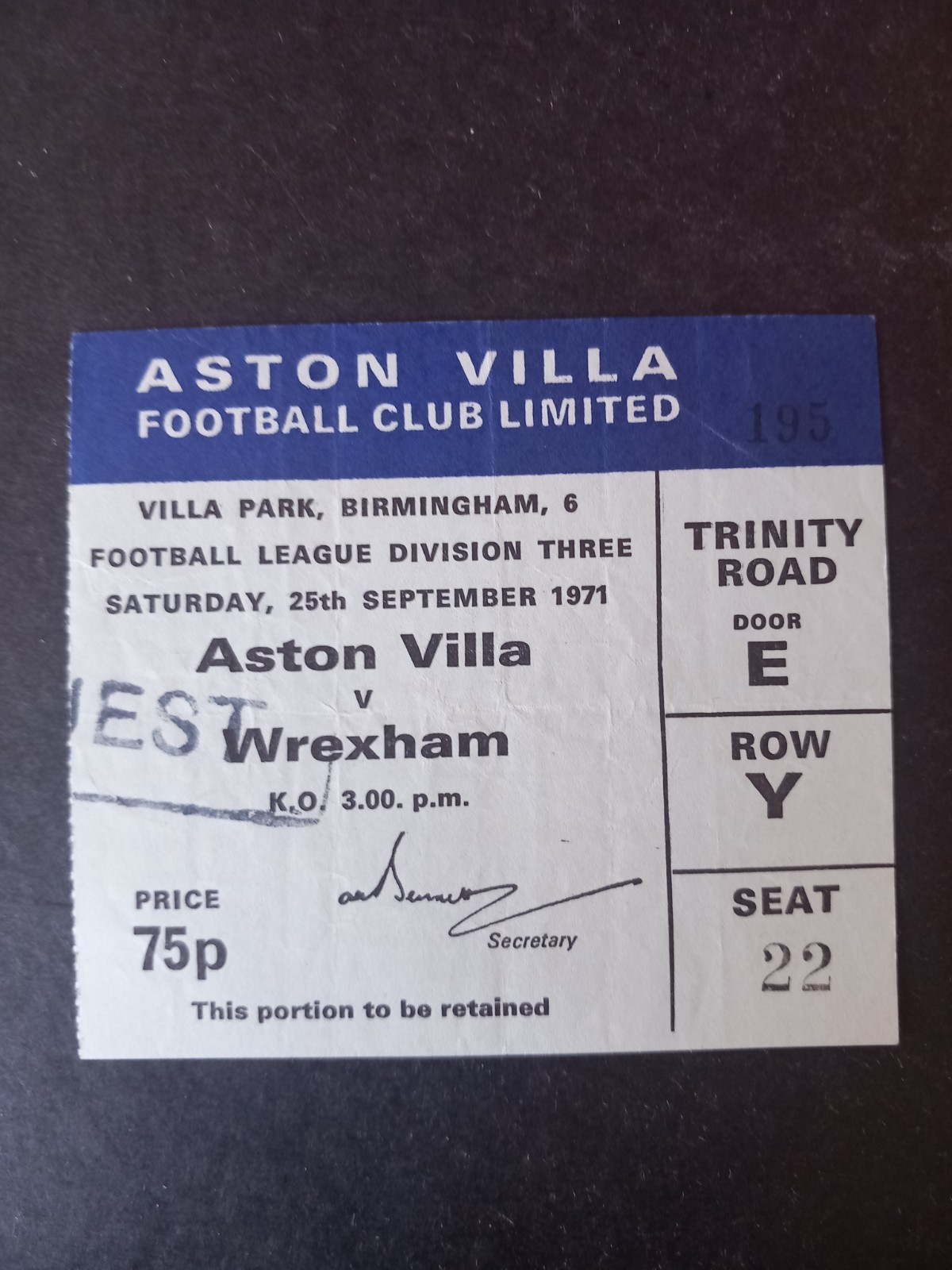 Ticket: 1971/2 Div 3. Aston Villa v Wrexham.   vgc for sale on Ebay