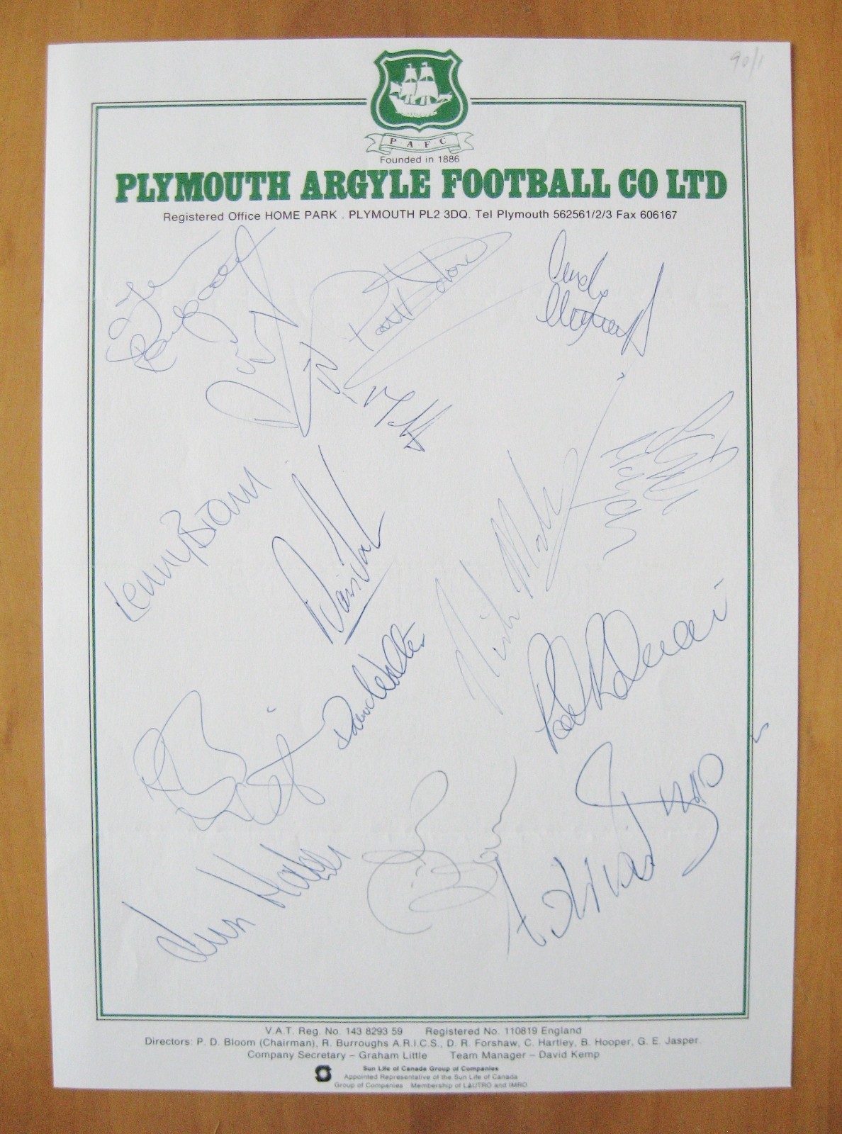 PLYMOUTH ARGYLE 1990/1991 Hand Signed On Official Club Paper x 15 Autographs for sale on Ebay