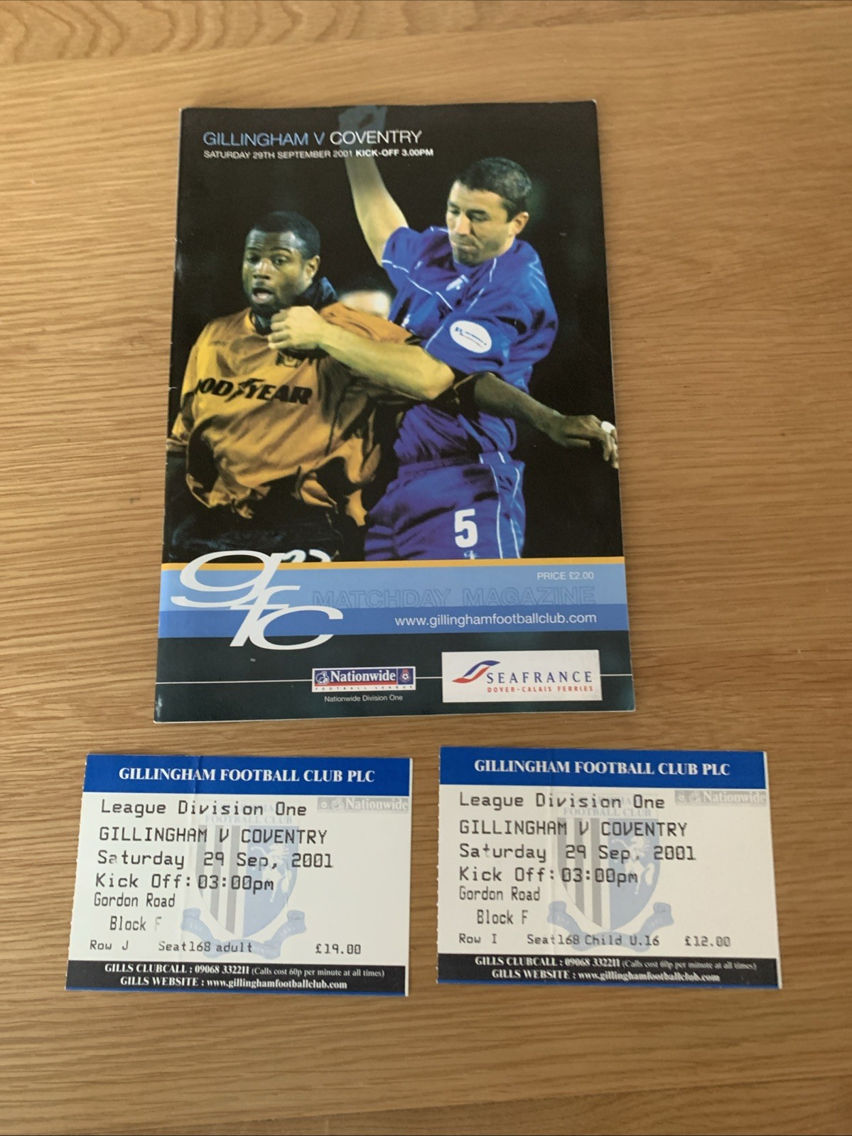 Gillingham V Coventry City 2001 Plus Tickets for sale on Ebay