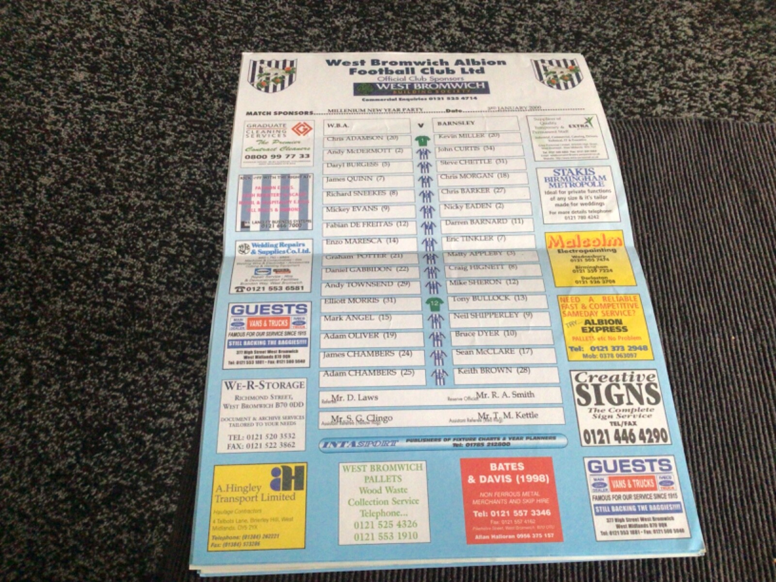 West Bromwich Albion v  Barnsley 3/1/2000 Teamsheet for sale on Ebay