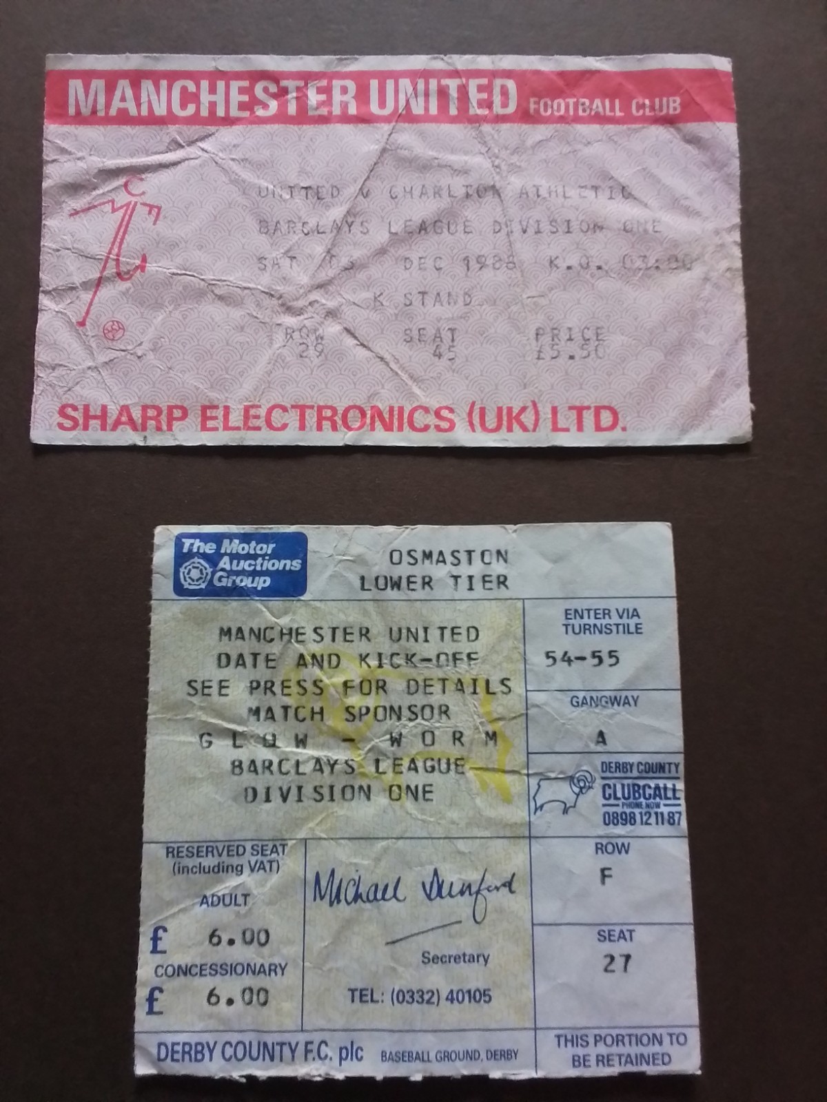 2 Manchester United  Tickets Division One 1988/9 for sale on Ebay