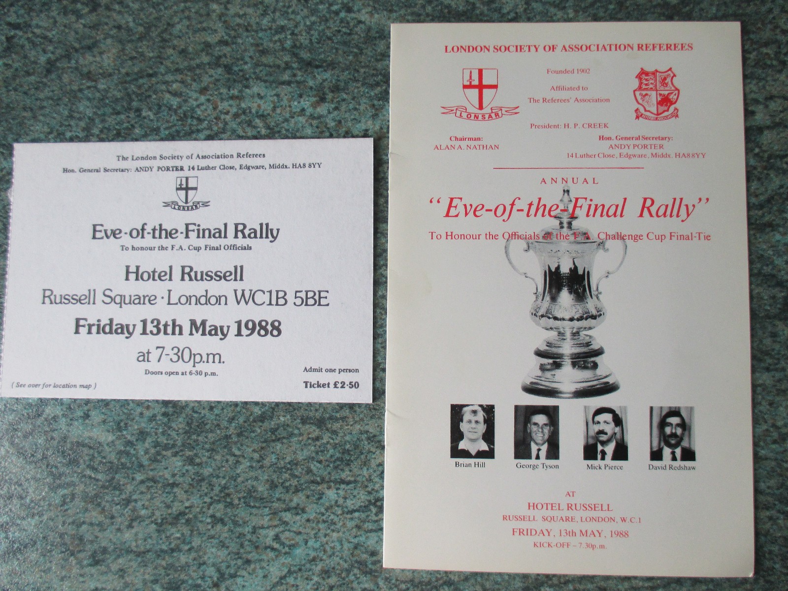 1988 FA CUP EVE OF THE FINAL RALLY REFEREES BROCHURE/ TICKET LIVERPOOL WIMBLEDON for sale on Ebay