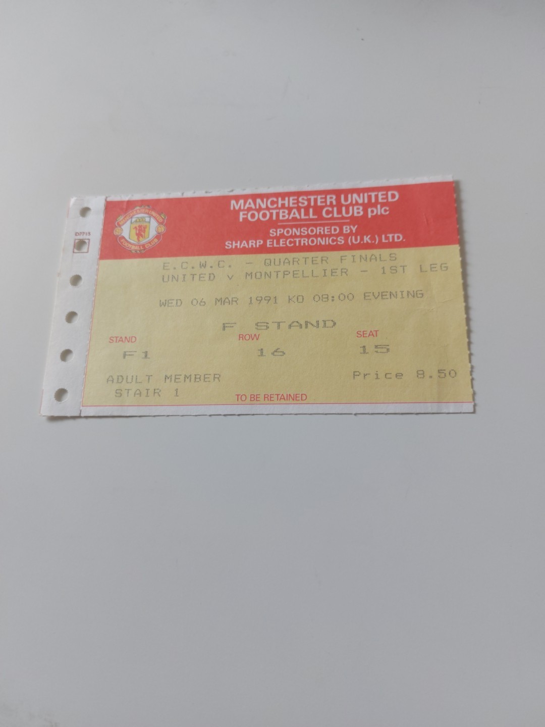 MANCHESTER UNITED v MONTPELLIER ECWC QUARTER FINAL MATCH TICKET 1991 for sale on Ebay