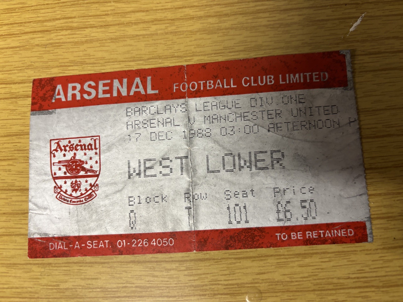 1988 TICKET STUB DIVISION ONE ARSENAL V MANCHESTER UNITED MAN UTD  17/12/88 for sale on Ebay