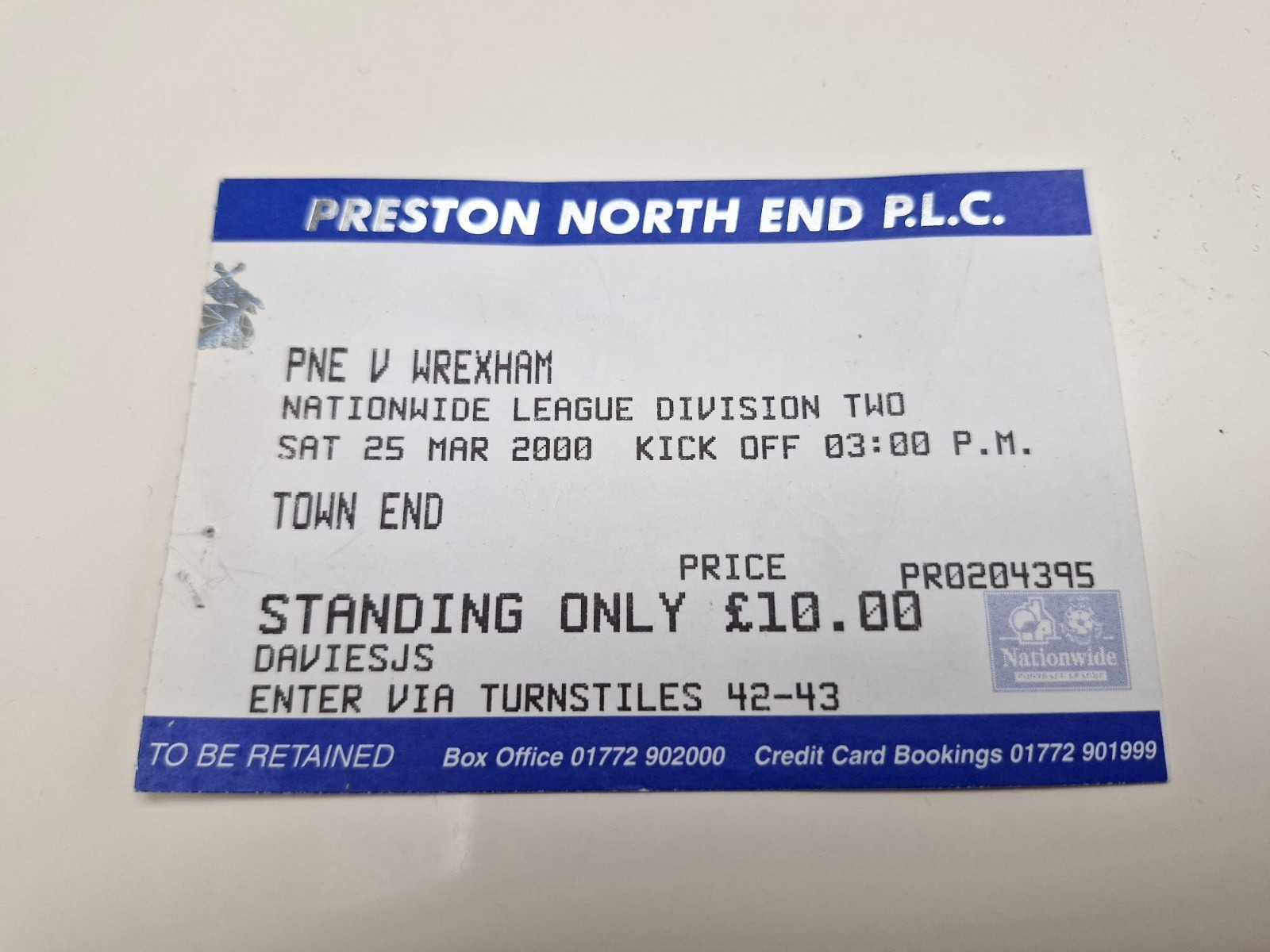 TICKET STUB- PRESTON NORTH END V WREXHAM- DIVISION TWO- MARCH 2000 for sale on Ebay