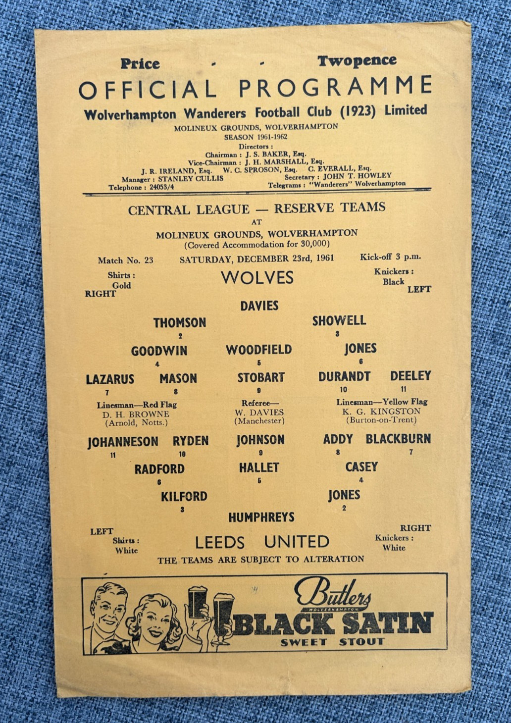 WOLVERHAMPTON WANDERERS RESERVES V LEEDS UNITED RESERVES 1961 WOLVES for sale on Ebay