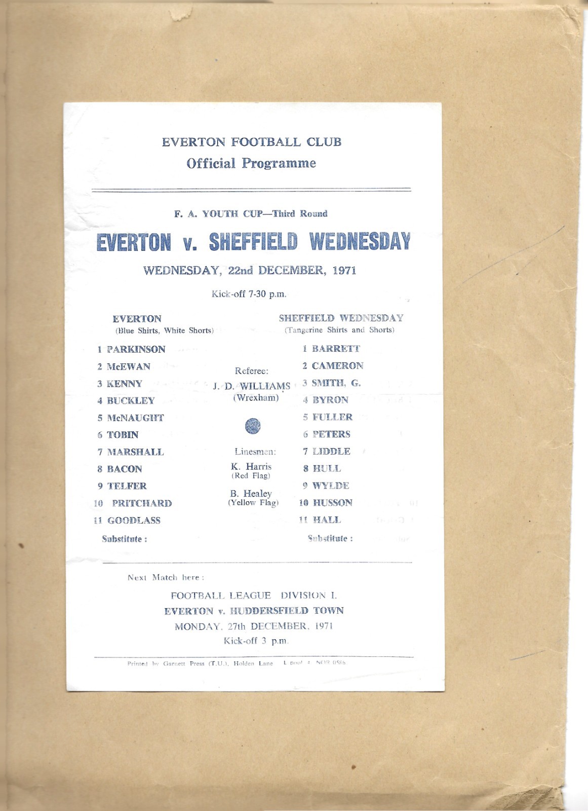 EVERTON V SHEFFIELD WEDNESDAY FA YOUTH CUP 1971-72 for sale on Ebay