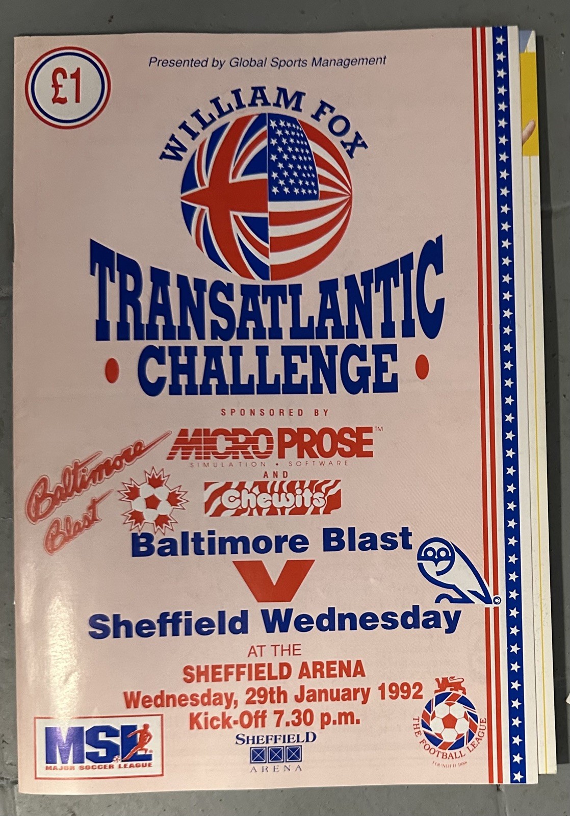 Sheffield Wednesday SWFC Programme v Baltimore Blast Eric Cantona Match 29/1/92 for sale on Ebay