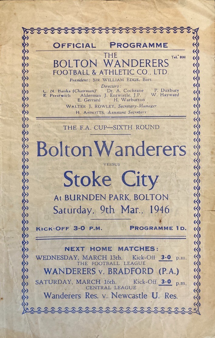 Bolton Wanderers v Stoke City F A Cup 6th round 1945/46 for sale on Ebay