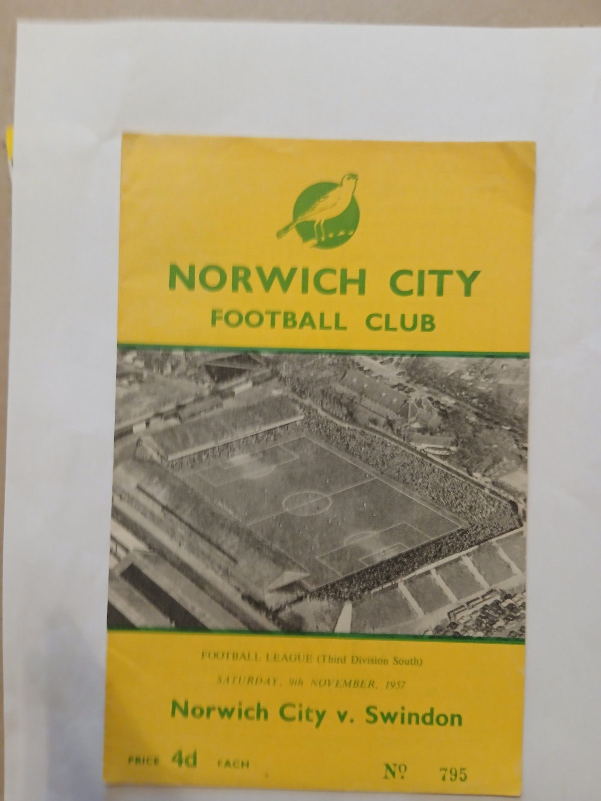 NORWICH CITY v SWINDON Third Division South 9 November 1957 for sale on Ebay