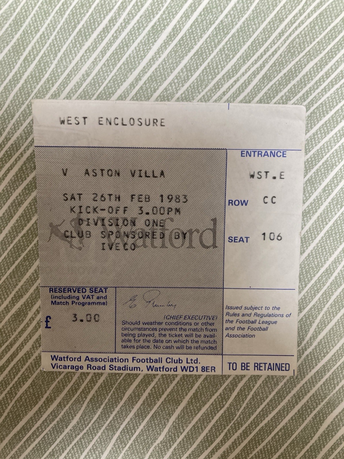 Watford v Aston Villa Div 1 TICKET 1982/83 for sale on Ebay