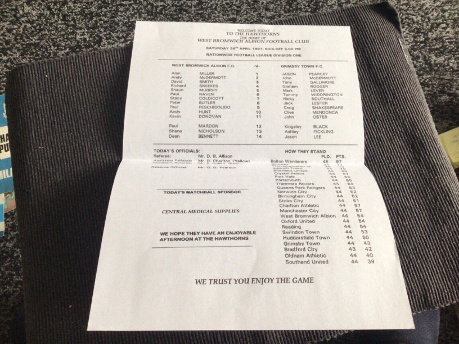 West Bromwich Albion v  Grimsby Town 26/4/97  Teamsheet for sale on Ebay