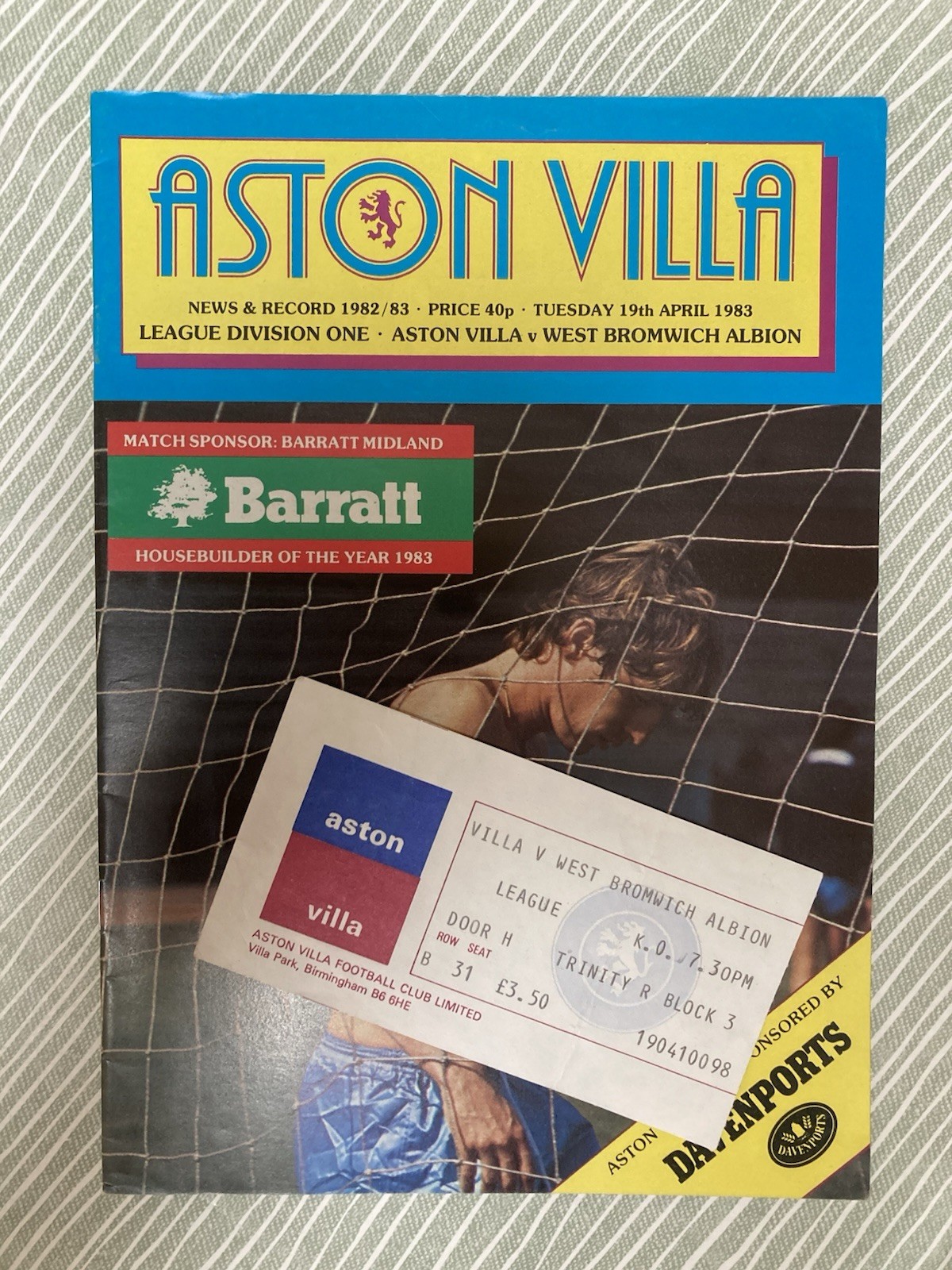 Aston Villa v West Bromwich Albion Div 1 with TICKET 1982/83 for sale on Ebay