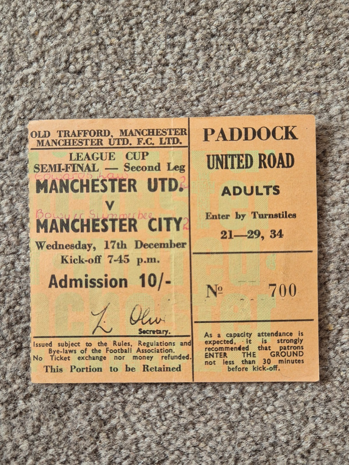 MANCHESTER UNITED v MANCHESTER CITY LEAGUE CUP SEMI FINAL 2nd Leg 17/12/69 for sale on Ebay