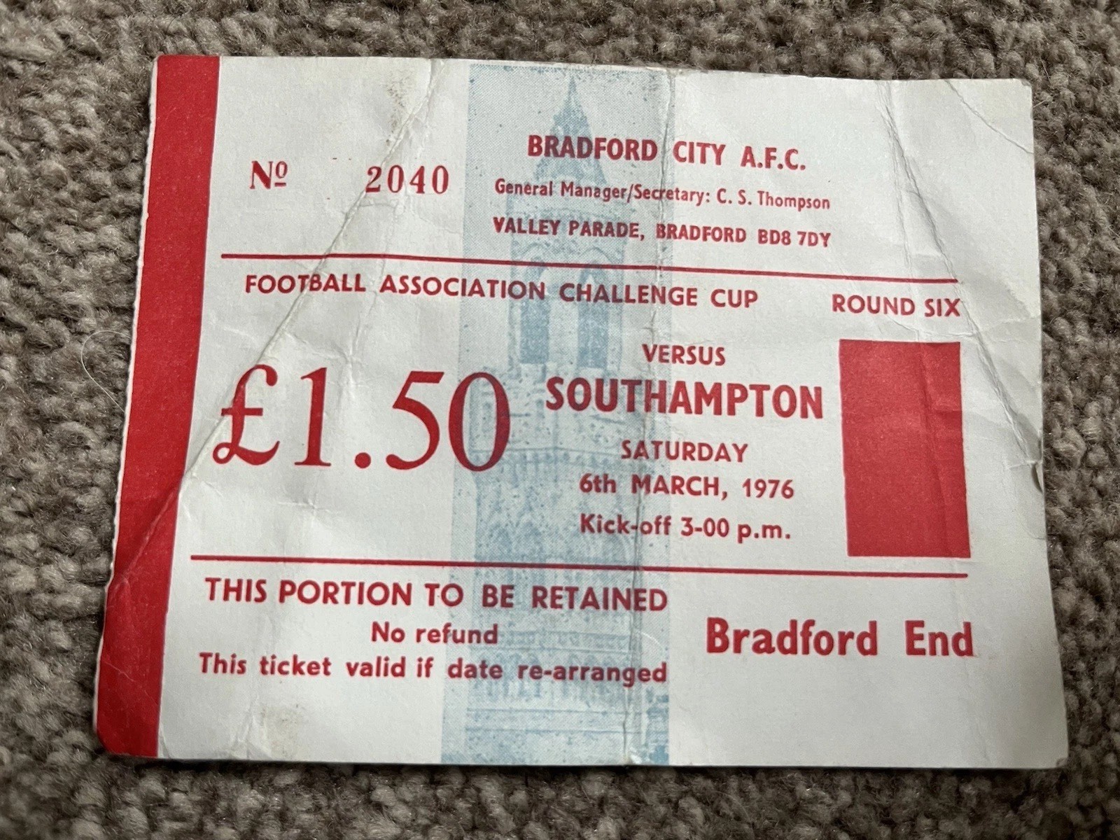 BRADFORD CITY V SOUTHAMPTON (WINNERS) FA CUP 1975-76 6th RD RARE MATCH TICKET for sale on Ebay