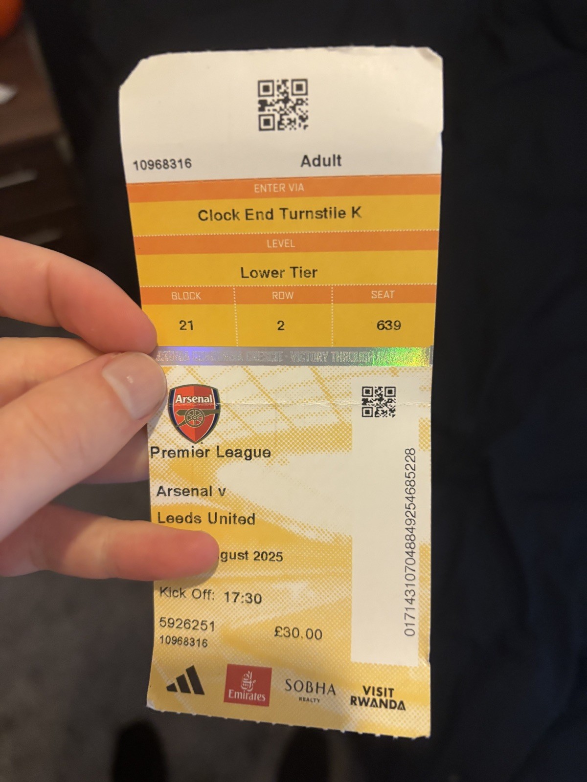 Arsenal Vs Leeds August 2025 Ticket, Max Dowman Debut for sale on Ebay