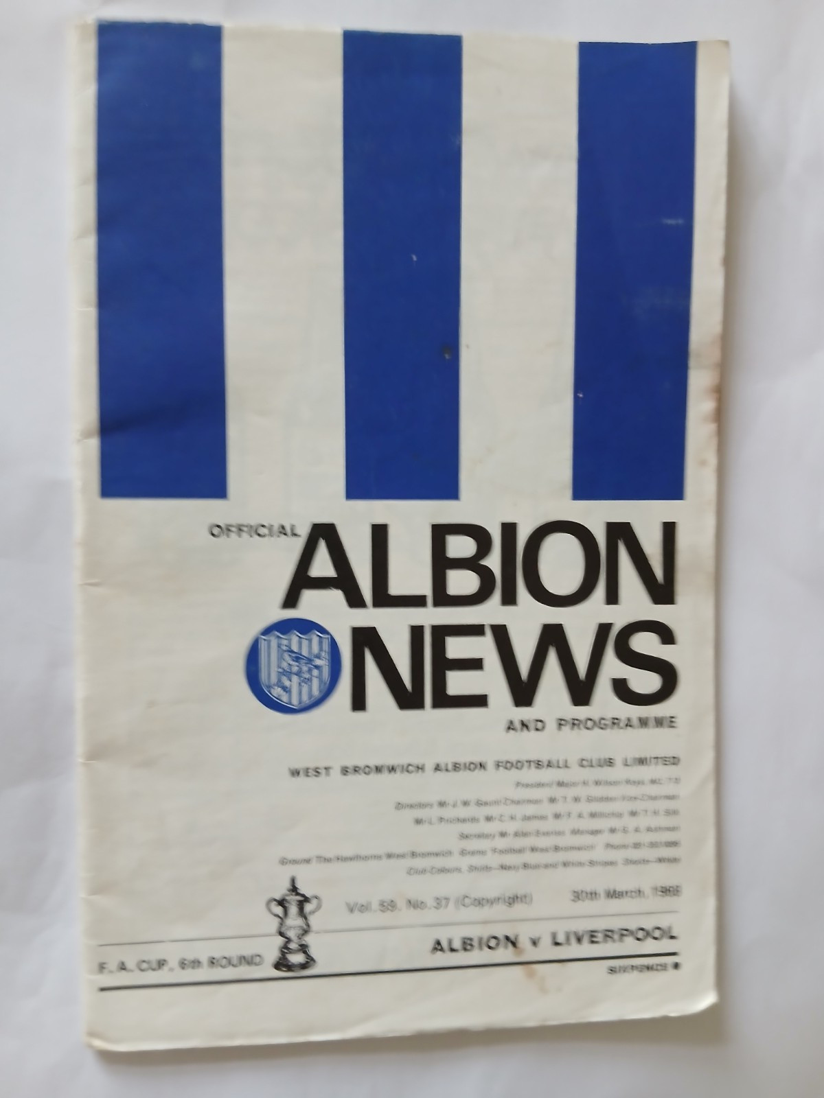 WEST BROMWICH ALBION v LIVERPOOL FA Cup 6th round 30 March 1968 for sale on Ebay